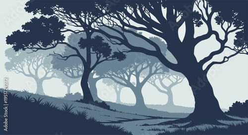 Misty Forest Landscape Silhouette of Majestic Trees in a Serene Natural Environment