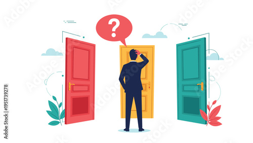 Undecided businessman stands before three different colored doors with a question mark above his head to show choices.