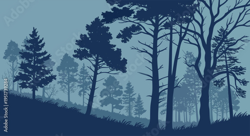Serene Forest Landscape Silhouette with Pine Trees and Rolling Hills at Dusk