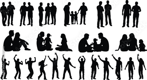 Family people silhouette set, parents children poses, group interaction scenes, standing sitting dancing figures, social lifestyle illustration isolated on white
