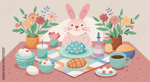Easter celebration with a cute bunny and festive food on a table decorated with flowers, eggs, and spring elements