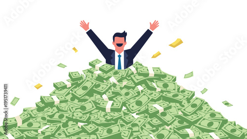 Successful businessman buried in a massive pile of cash money with his arms raised in celebration and joy.