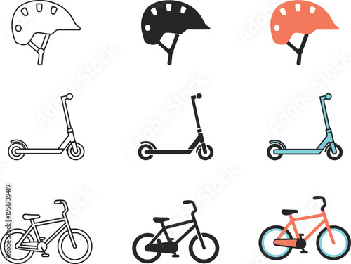 Set of outdoor transport icons featuring bicycle kick scooter and safety helmet in outline solid and colorful styles for urban mobility.