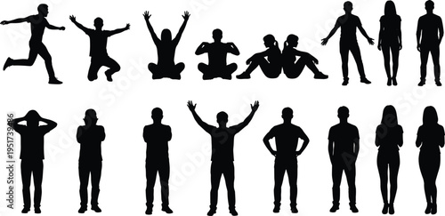Human silhouette set, people standing jumping sitting poses, male and female figures, body language collection, isolated black characters on white