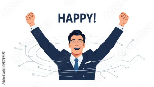 Happy businessman in a suit raises his arms in triumph while surrounded by digital circuit lines and happy text.