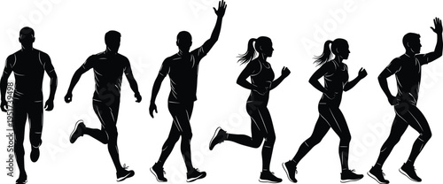 Running people silhouette set, male and female joggers, fitness activity poses, dynamic motion figures, sport training illustration isolated on white