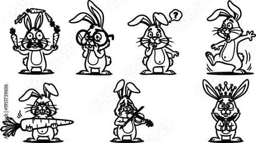 Set of cartoon rabbits in various funny poses and actions with carrots  playful animal illustrations