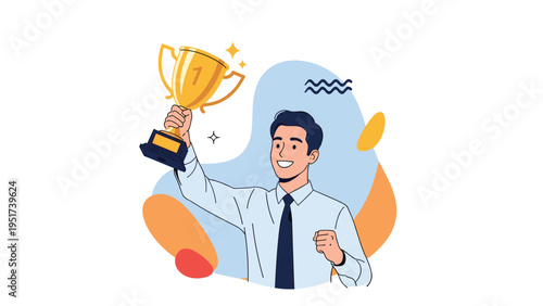 Enthusiastic businessman in a light blue shirt and tie holds a golden trophy against an abstract colorful background.
