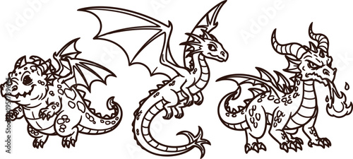 Three cartoon dragons with different expressions and body shapes  mythical creatures  illustration