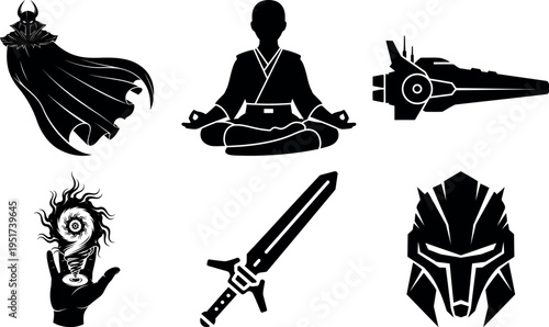 Mystical and futuristic icon collection featuring meditation sword and fantasy symbols