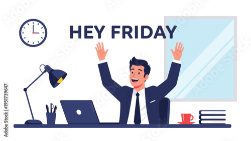 Cheerful office worker sitting at his desk with a laptop and raising his hands to celebrate friday evening.