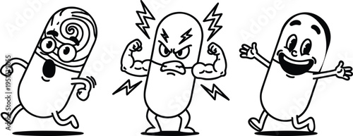 Three cartoon peanuts in different poses and facial expressions running jumping and flexing muscles