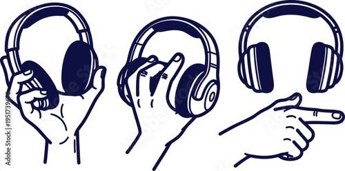 Three hands wearing headphones making different gestures with fingers isolated on transparent background