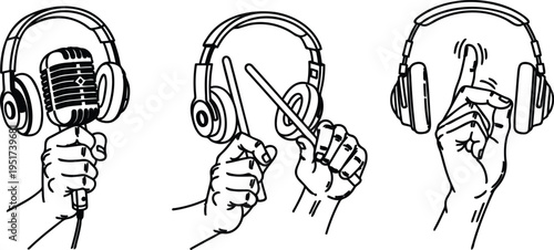 Three hands wearing headphones holding microphone and drumstick and making OK sign gesture