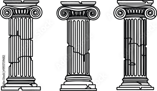 Three ancient greek roman style broken damaged stone pillars columns  ancient architecture elements