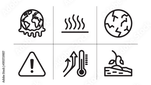 A set of line art icons depicting global warming and climate change, including a melting earth, rising temperature, and warning signs.