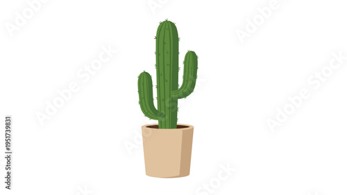 Green cactus plant with thorns growing in a simple beige clay pot isolated on a white background illustration.