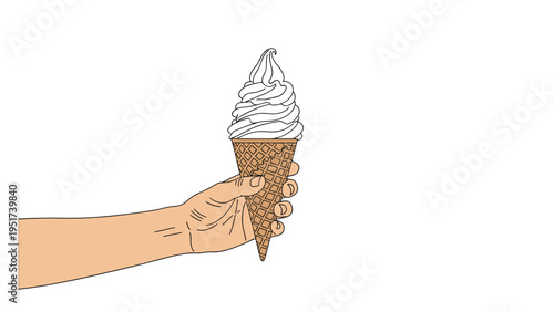 Human hand holding a tall swirl of vanilla soft serve ice cream in a crispy waffle cone against a plain white background for summer treats.