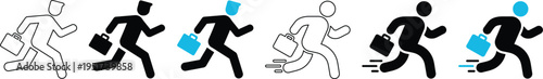 Running businessman with briefcase vector icon set for rush hour career and professional success