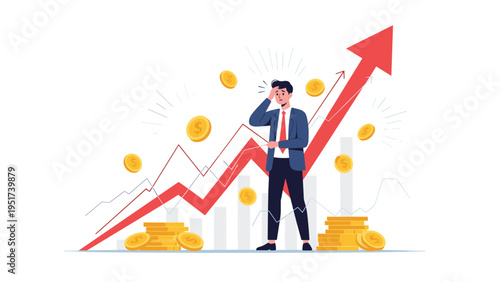 Stressed businessman standing in front of a rising red arrow and falling gold coins representing financial crisis.