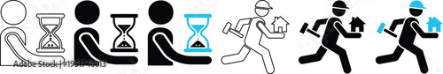 Construction worker running with house and hourglass vector icon for home repair and fast delivery service
