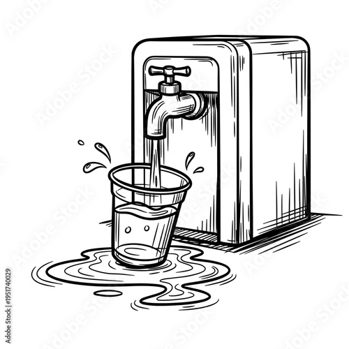 Hand drawn water dispenser with cup vector illustration drinking water tap hydration concept office water cooler sketch style