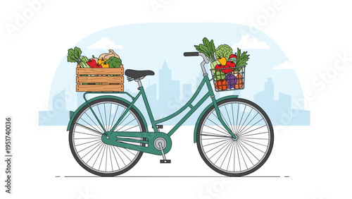 Classic green bicycle equipped with wooden baskets and metal crates filled with fresh organic vegetables for a healthy lifestyle concept.