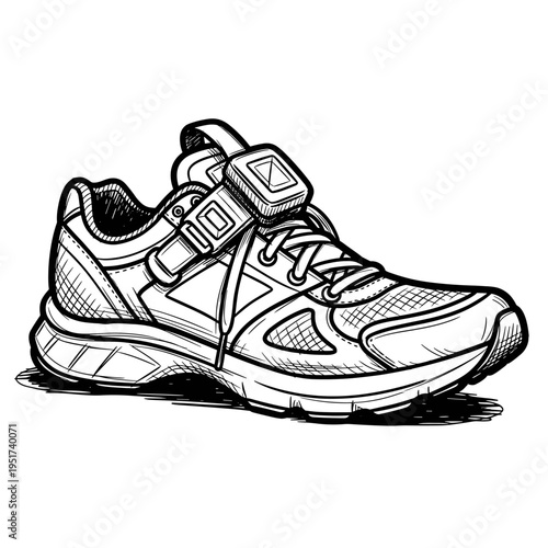 Hand drawn running shoe with sports tracker vector illustration smart fitness sneaker with wearable device for running training marathon gear sketch style