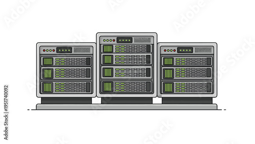 Three computer server racks with glowing green lights representing data storage and cloud computing technology.