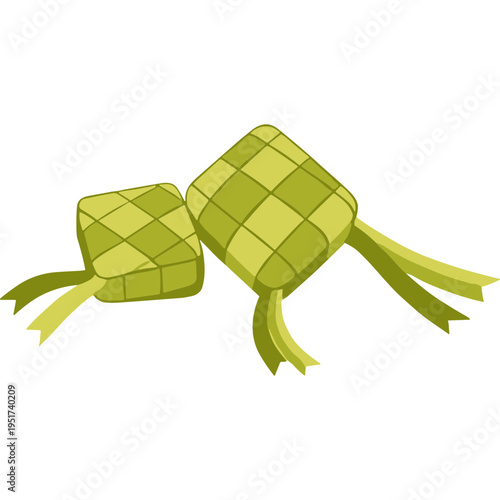 Two traditional green woven rice packages sit side by side on surface