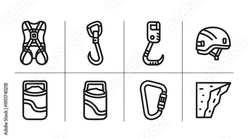 A set of line art icons featuring various rock climbing equipment and safety gear on a white background, suitable for marketing, education, and lifestyle uses.