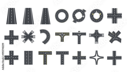 Collection of various overhead road intersections and roundabouts including t-junctions and crossroad asphalt highway paths.
