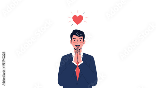Happy businessman in a dark suit with hands clasped together in gratitude with a red heart icon above his head.