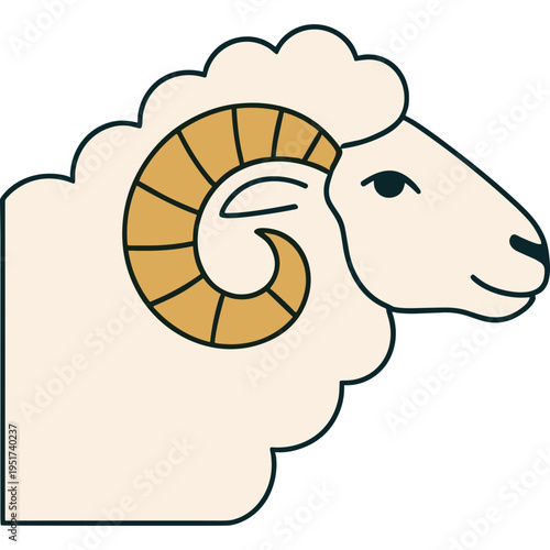 A detailed illustration of a ram's head with curved horns shown sideways