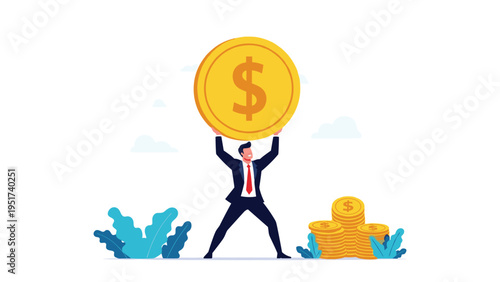 Businessman in a formal suit lifts a giant golden dollar coin over his head to represent financial success and wealth accumulation.