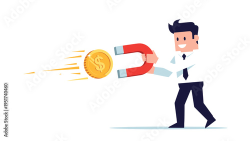 Enthusiastic businessman using a large red horseshoe magnet to attract a flying gold dollar coin symbol on a white background.