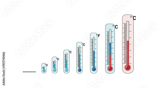 Set of thermometers showing increasing temperature levels with color gradients from blue to red used for medical or climate data.