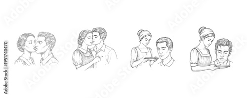 Romantic Vintage Couple Line Art Set: Hand Drawn Sketches of Love, Kissing, and Shared Domestic Life