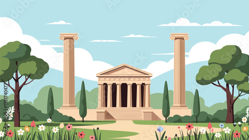 Ancient greek temple with classical pillars and columns surrounded by trees and wildflowers under a bright blue sky with fluffy white clouds.