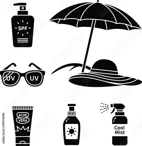 Summer vacation silhouette with sun protection essentials