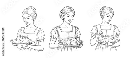 Vintage Line Art of Woman Preparing Roasted Chicken, Victorian Housewife Cooking Poultry, Historical Domestic Kitchen Illustration