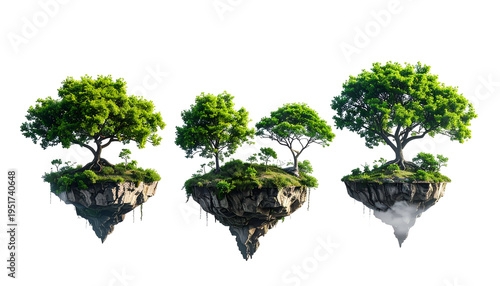 Three separate floating islands, each with lush trees and rocky cliffs, against black