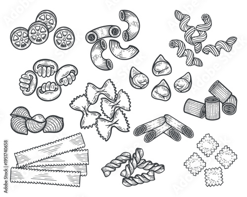 Pasta types set, Italian cuisine collection, traditional noodle icons, lasagna, macaroni, penne, farfalle, fusilli, gnocchi, ravioli, cavatappi, conchiglie, rigatoni, tortellini, engraving isolated