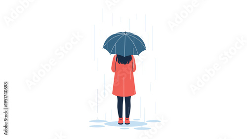 Rear view of a woman wearing a red coat and holding a blue umbrella while standing in the rain with water puddles on a white background.