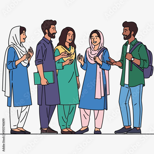group of pakistani students talking and smiling, wearing traditional and modern outfits