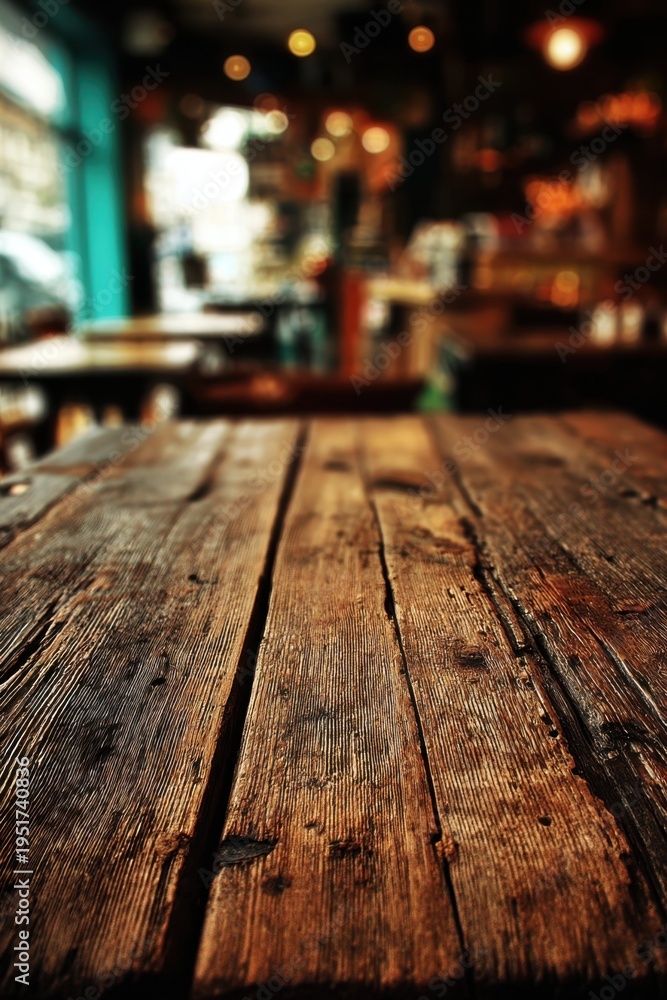 Fototapeta premium Rustic wooden table surface with blurred background, perfect for product mockups and food photography showcasing
