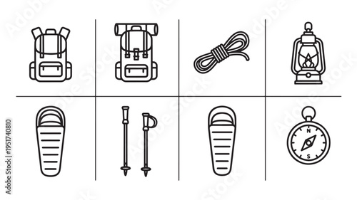 A collection of black line art icons featuring hiking and outdoor gear, including backpacks, rope, shoes, a compass, and trekking poles, useful for travel, adventure, and lifestyle themes.
