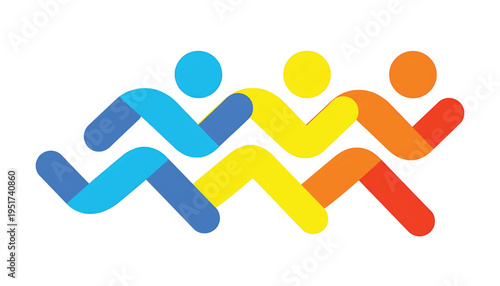 Abstract figures in motion, styled as colorful running people with rounded shapes and bright, gradient colors on white.