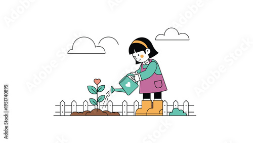 Young girl with a headband watering a small plant with a heart shaped flower using a teal watering can in a garden with a white fence.