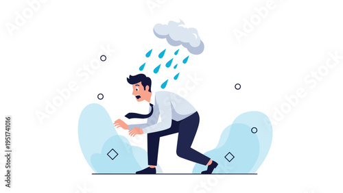 Stressed businessman in a white shirt and tie crouching down to hide from rain falling from a single grey cloud above.